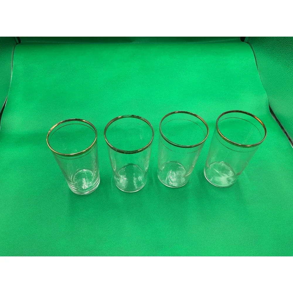 Vintage 1930s Gold‐Gilded Rim Juice Glasses – Set of 4 – Clear Glass with Gold B
